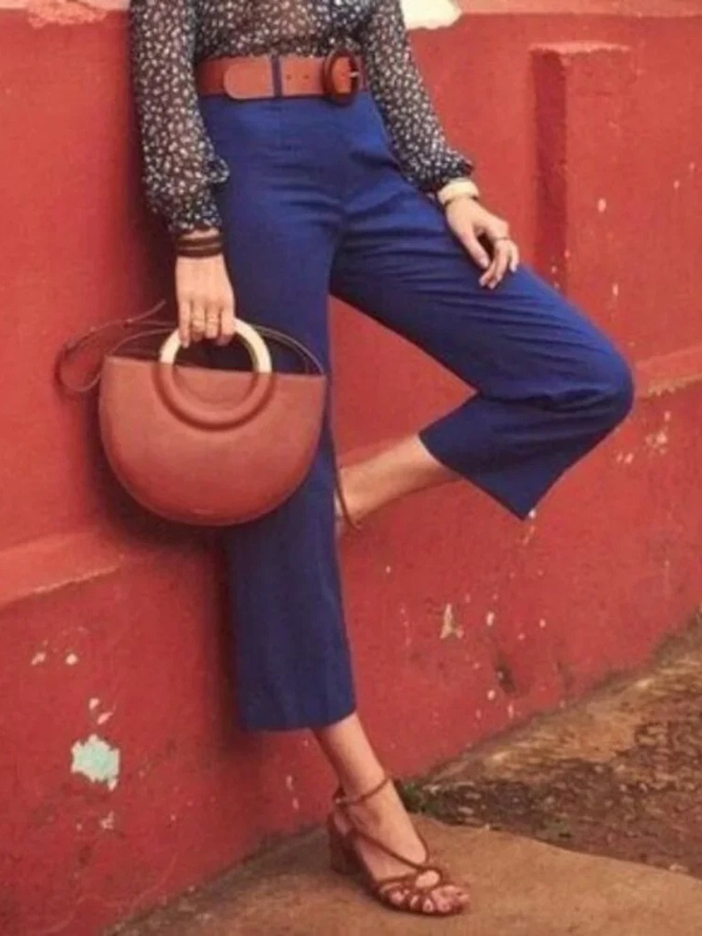 Sezane Jude Linen Cotton Cropped Cuffed hem Pant Indigo Blue Size 40 Medium
